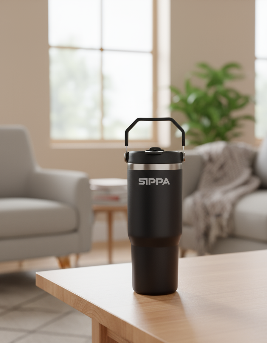 Black Sippa tumbler with handle on a wooden table in a cozy living room